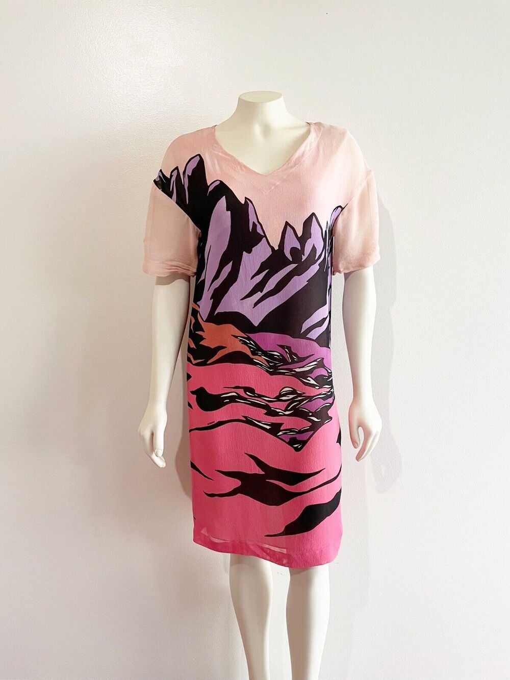 Missoni Mountain Print Pink Purple Short Sleeve Shift Silk Dress sz 38